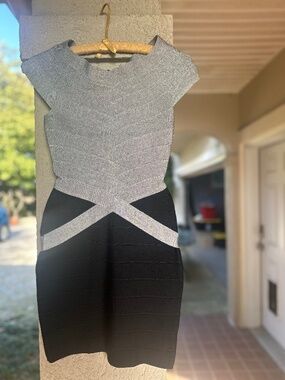Gray Black Colorblock Bandage Dress Size Criss Cross Back Bodycon